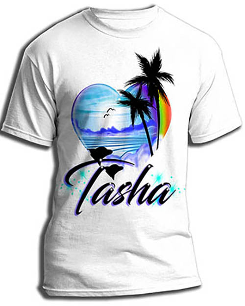 E024 custom personalized airbrush Dolphins rainbow beach sunset palm Trees Scene Tee Shirt