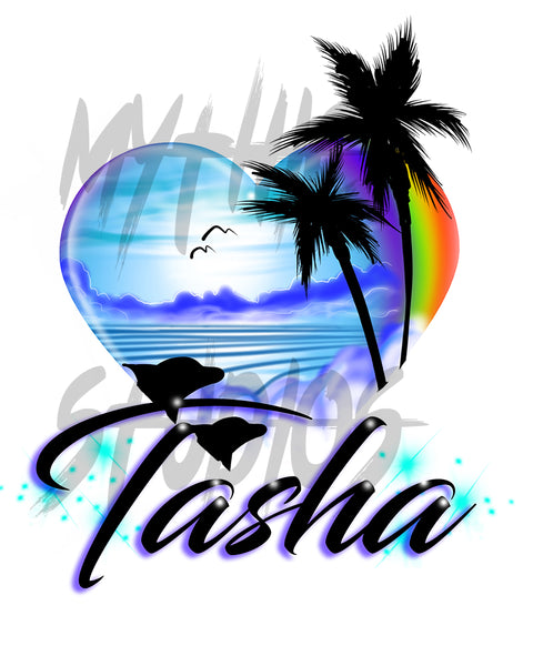 E024 Digitally Airbrush Painted Personalized Custom Dolphins rainbow beach sunset palm Trees Scene Drawstring Backpack Landscape party Couples Theme gift wedding