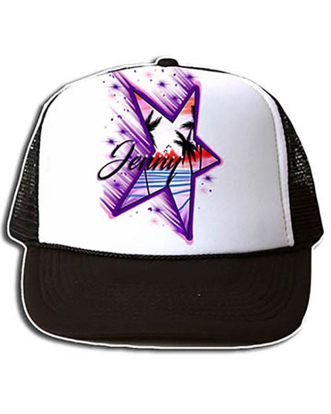 E025 Personalized Airbrush Palm Trees Beach Landscape Snapback Trucker Hat