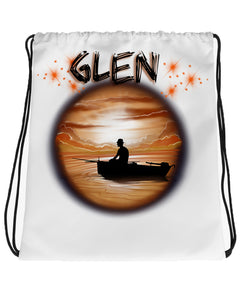 E026 Digitally Airbrush Painted Personalized Custom Fishing Fishermen Lake sunset Scene Drawstring Backpack Colorful Landscape party Couples Theme gift present