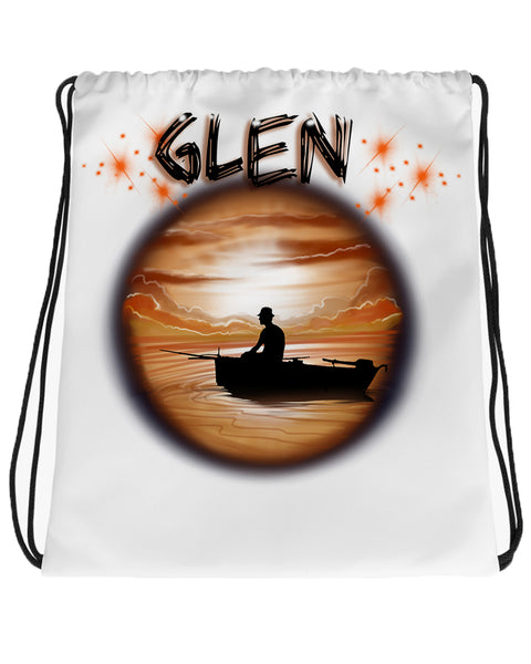 E026 Digitally Airbrush Painted Personalized Custom Fishing Fishermen Lake sunset Scene Drawstring Backpack Colorful Landscape party Couples Theme gift present