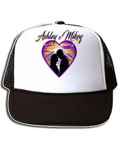 E027 Personalized Airbrush Couple Silhouette Heart Landscape Snapback Trucker Hat