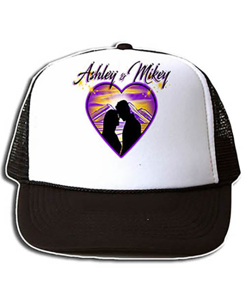 E027 Personalized Airbrush Couple Silhouette Heart Landscape Snapback Trucker Hat