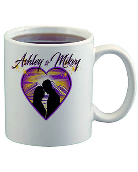 E027 Personalized Airbrush Couple Silhouette Heart Landscape Ceramic Coffee Mug