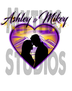 E027 Personalized Airbrush Couple Silhouette Heart Landscape Hoodie Sweatshirt