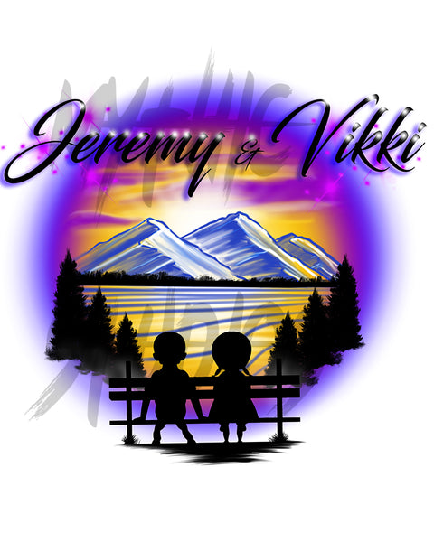 E028 Digitally Airbrush Painted Personalized Custom Boy Girl Mountains sunset Trees Scene Drawstring Backpack Kids Landscape party Couples Theme gift wedding present