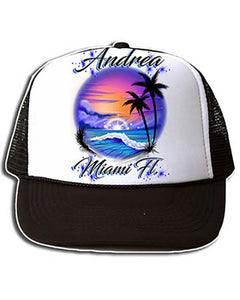 E031 Personalized Airbrush Beach Wave Scene Snapback Trucker Hat