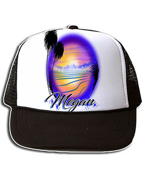 E032 Personalized Airbrush Beach Scene Snapback Trucker Hat