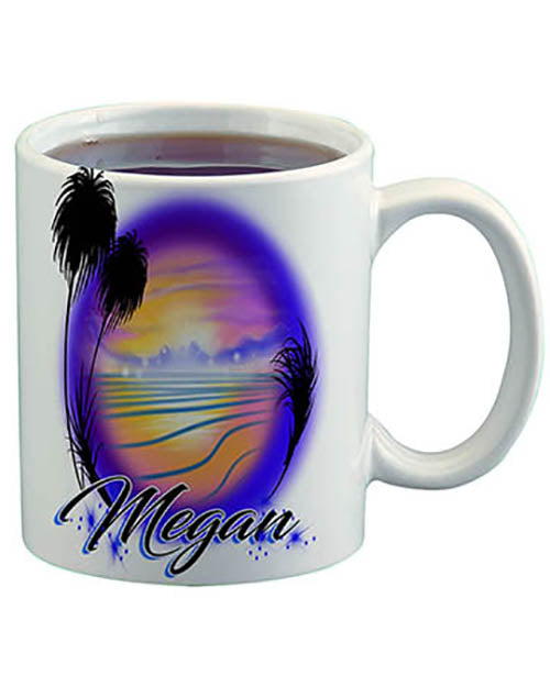 E032 Personalized Airbrush Beach Water Scene Ceramic Coffee Mug
