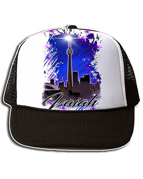 E033 Personalized Airbrush Urban City Scene Snapback Trucker Hat