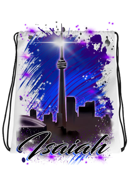 E033 Digitally Airbrush Painted Personalized Custom City sunset Scene Drawstring Backpack Landscape party Couples Theme gift wedding