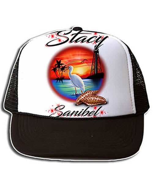E034 Personalized Airbrush  LightHouse Beach Snapback Trucker Hat