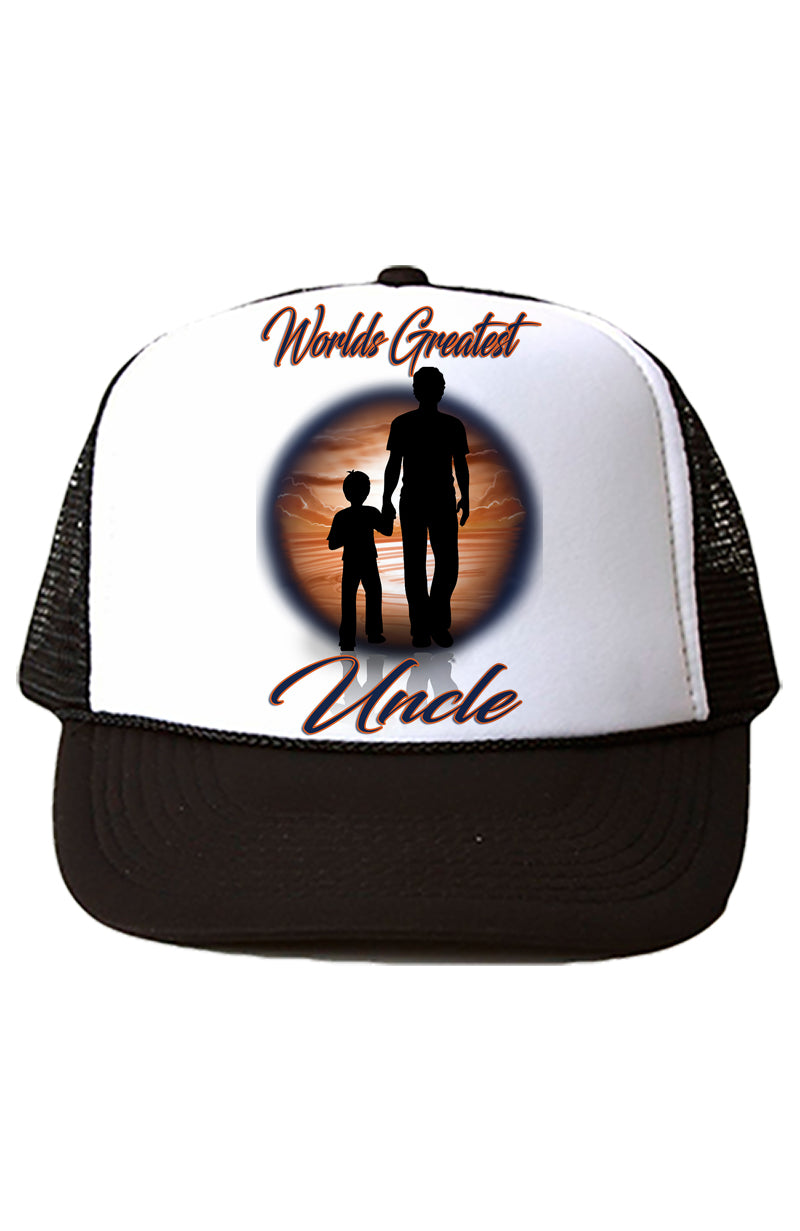 E035 Digitally Airbrush Painted Personalized Custom Dad and Son Landscape Snapback Trucker Hats