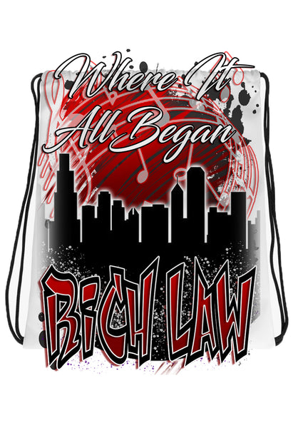 E036 Digitally Airbrush Painted Personalized Custom Urban City Building Landscape Scene  Drawstring Backpack lake Landscape party Couples Theme gift wedding