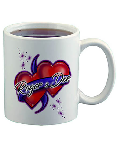 F001 Personalized Airbrushed Hearts and Ribbon Ceramic Coffee Mug