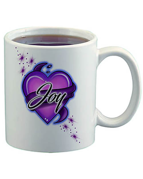 F002 Personalized Airbrushed Heart And Ribbon Ceramic Coffee Mug