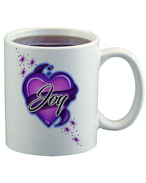 F002 Personalized Airbrushed Heart And Ribbon Ceramic Coffee Mug