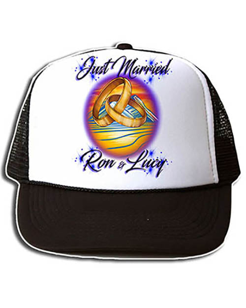 F015 Personalized Airbrushed Wedding Rings Snapback Trucker Hat