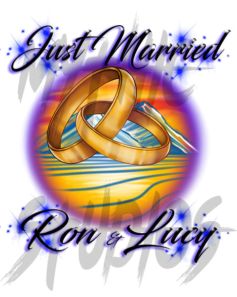 F015 Digitally Airbrush Painted Personalized Custom wedding rings just married mountain water sunset Theme gift set name event Drawstring Backpack