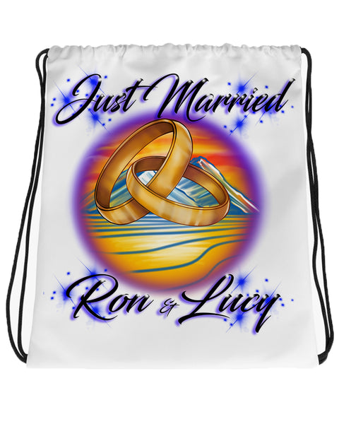 F015 Digitally Airbrush Painted Personalized Custom wedding rings just married mountain water sunset Theme gift set name event Drawstring Backpack