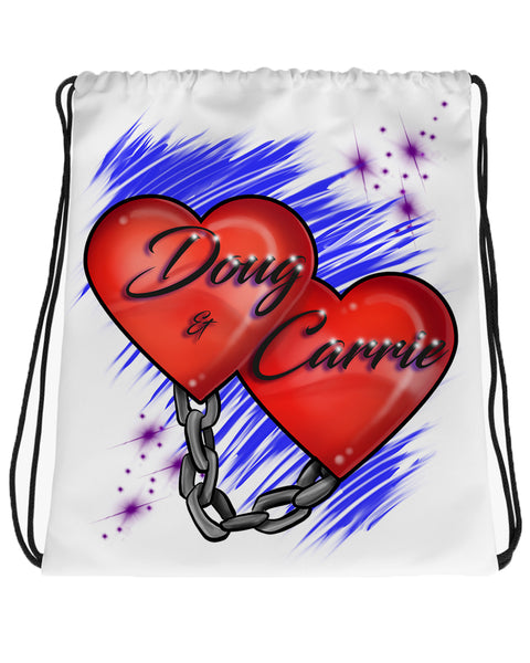 F024 Digitally Airbrush Painted Personalized Custom couple ball & chain hearts Theme gift set name bday wedding event discount Drawstring Backpack