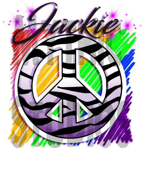 F026 Personalized Airbrushed Zebra Peace Sign Tee Shirt