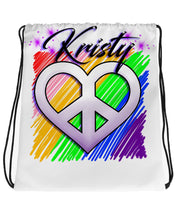F027 Digitally Airbrush Painted Personalized Custom heart peace sign rainbow Drawstring Backpack