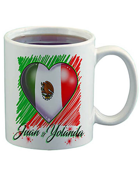 F031 Personalized Airbrushed Mexican Flag Heart Ceramic Coffee Mug