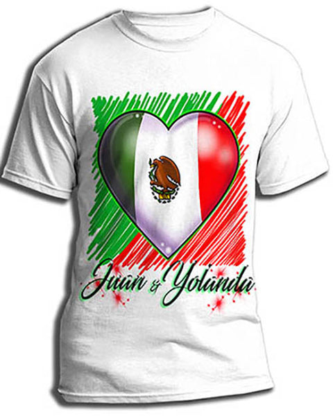 F031 Personalized Airbrushed Mexican Flag Heart Tee Shirt