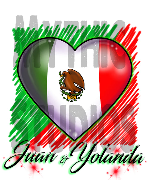 F031 Personalized Airbrushed Mexican Flag Heart Tee Shirt