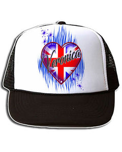 F033 Personalized Airbrushed British Flag Heart Snapback Trucker Hat