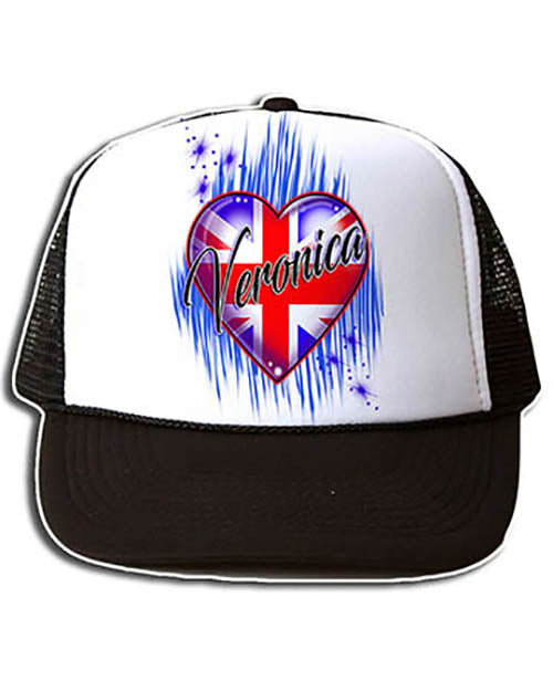 F033 Personalized Airbrushed British Flag Heart Snapback Trucker Hat