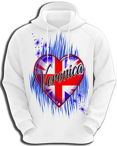 F033 Personalized Airbrushed British Flag Heart Hoodie Sweatshirt