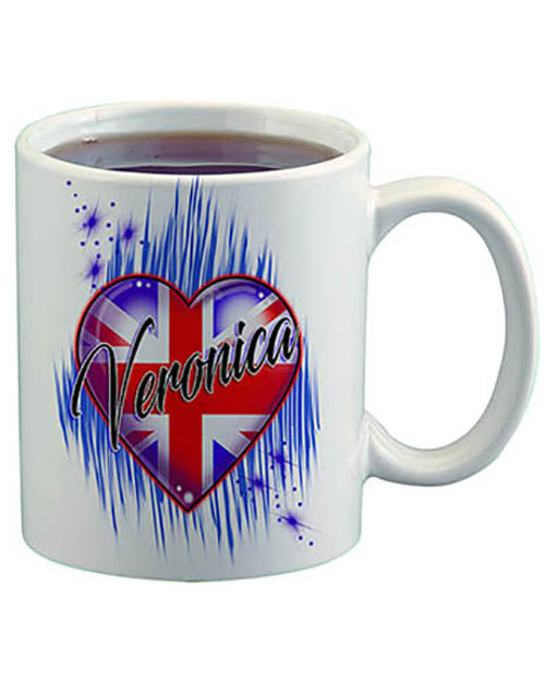 F033 Personalized Airbrushed British Flag Heart Ceramic Coffee Mug