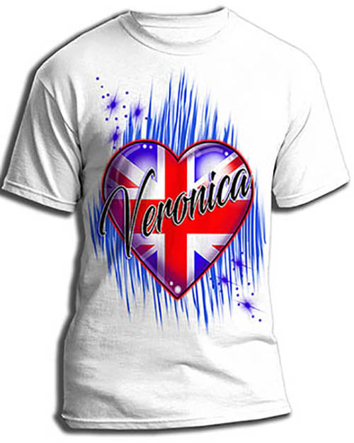 F033 Personalized Airbrushed British Flag Heart Tee Shirt