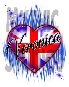 F033 Personalized Airbrushed British Flag Heart Tee Shirt