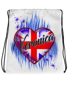 F033 Digitally Airbrush Painted Personalized Custom British Flag Heart Drawstring Backpack
