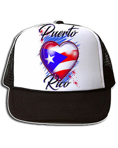 F034 Personalized Airbrushed Puerto Rico Flag Heart Snapback Trucker Hat