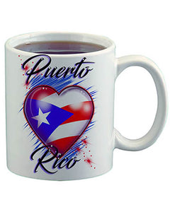 F034 Personalized Airbrushed Puerto Rico Flag Heart Ceramic Coffee Mug