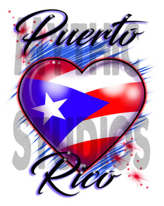 F034 Personalized Airbrushed Puerto Rico Flag Heart Tee Shirt