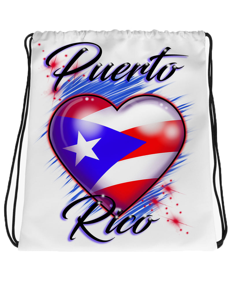 F034 Digitally Airbrush Painted Personalized Custom Puerto Rico Flag Heart Drawstring Backpack