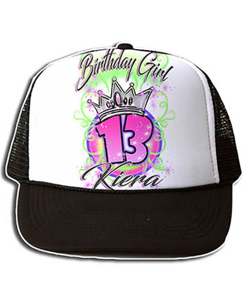 F037 Personalized Airbrushed Birthday Girl Crown Snapback Trucker Hat