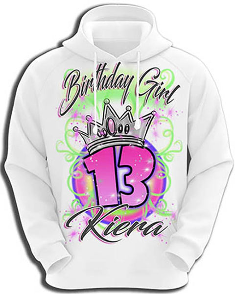 F037 Personalized Airbrushed Birthday Girl Crown Hoodie Sweatshirt