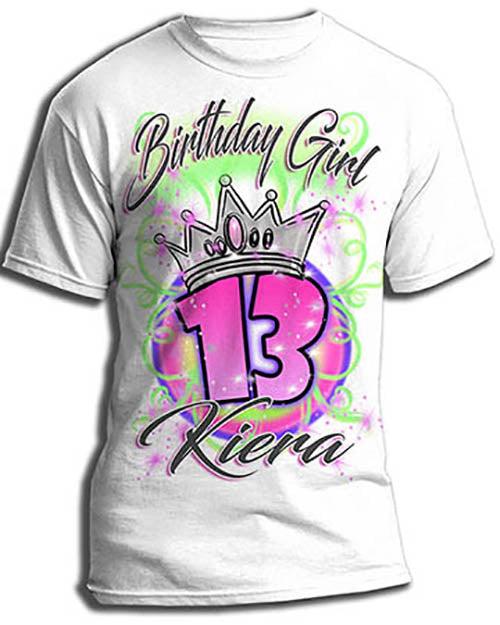 F037 Personalized Airbrushed Birthday Crown Girl Kids and Adult Tee Shirt