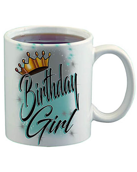 F038 Personalized Airbrushed Birthday Girl Crown Ceramic Coffee Mug