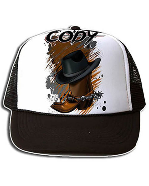 F040 Personalized Airbrushed Cowboy Hat And Boots Snapback Trucker Hat