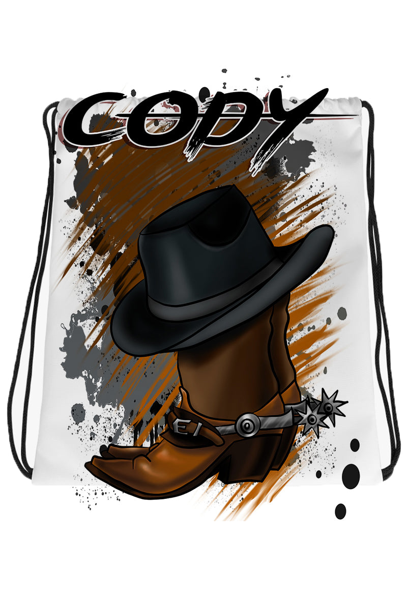 F040 Digitally Airbrush Painted Personalized Custom Cowboy Boots and Hat Drawstring Backpack.