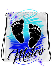 F046 Digitally Airbrush Painted Personalized Custom Baby Feet Gender Reveal Party Theme gift set name bday event discount  Drawstring Backpack
