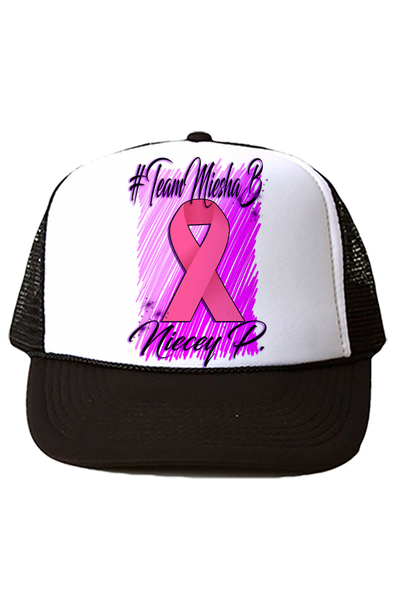 F050 Digitally Airbrush Painted Personalized Custom Breast Cancer Ribbon    Snapback Trucker Hats