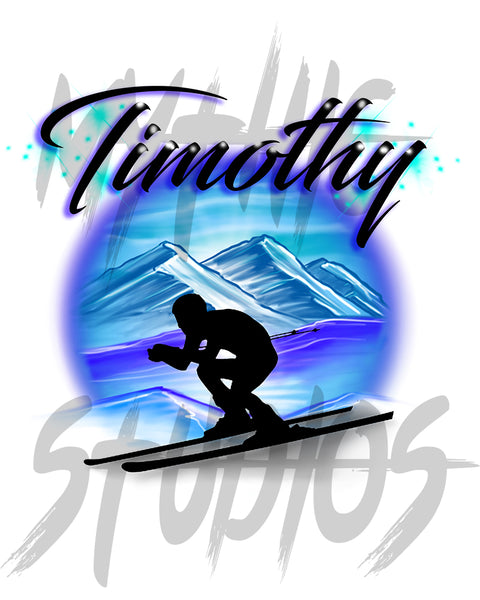 G015 Digitally Airbrush Painted Personalized Custom Skier ski silhouette party Theme gift painting name winter Olympic Sport Drawstring Backpack